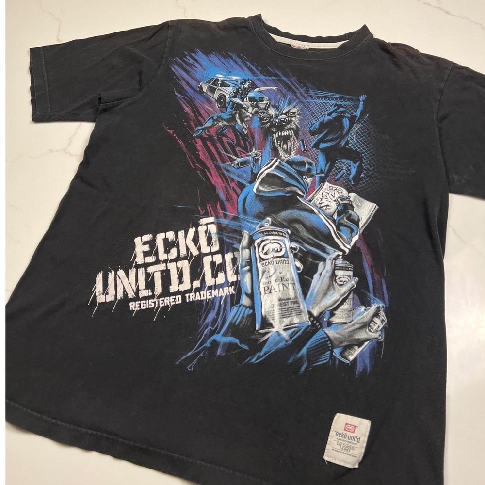 Vintage Ecko Unltd Black Graphic T-Shirt Y2K Graffiti Art Streetwear Mens L